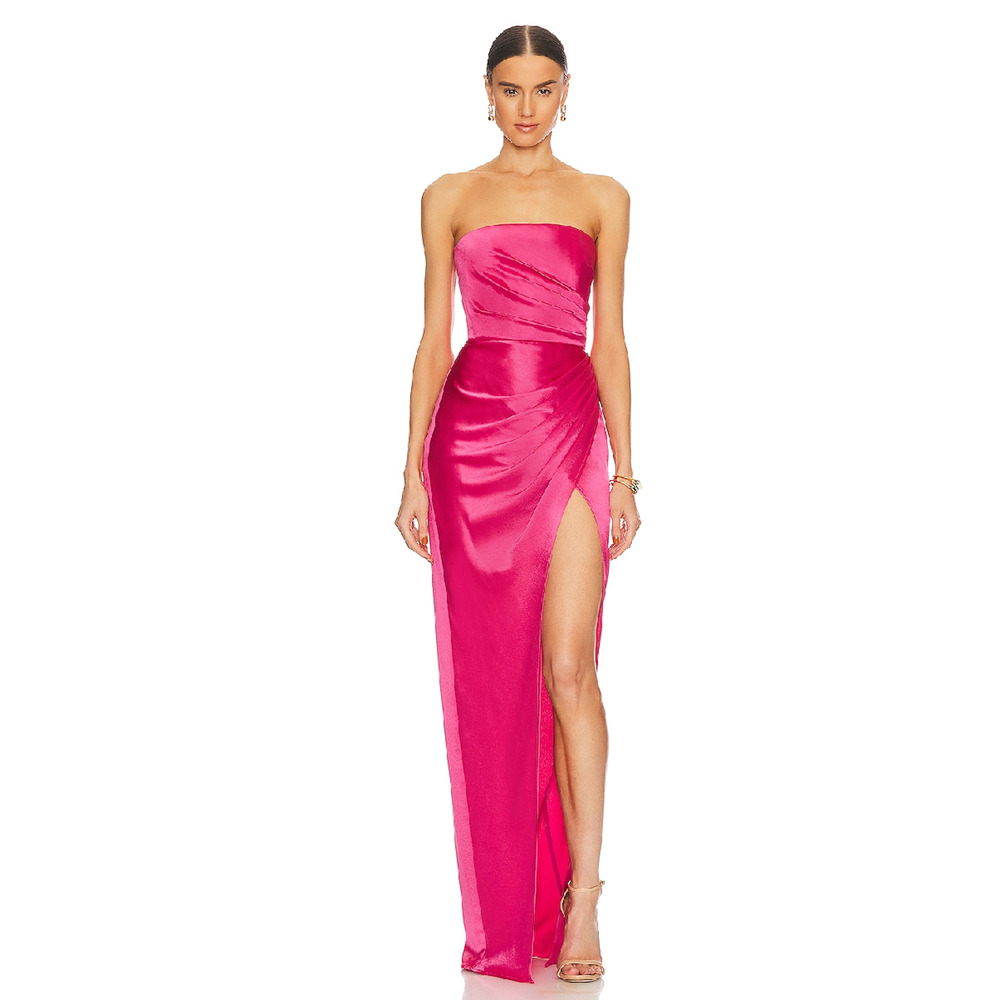 Sau Lee Priyanka Satin Gown Dress Hot Pink Pleated High Slit Strapless Sz 0